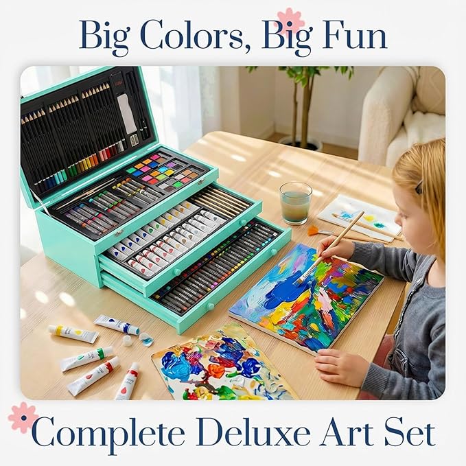 194 Piece Deluxe Art Set, Painting Drawing Art Supplies with 4 Drawing Pads, Acrylic Paints, Crayons, Colored Pencils Set in Wooden Case, Art Kit Gift Box for Kids, Teens, Adults, Artists, Beginners