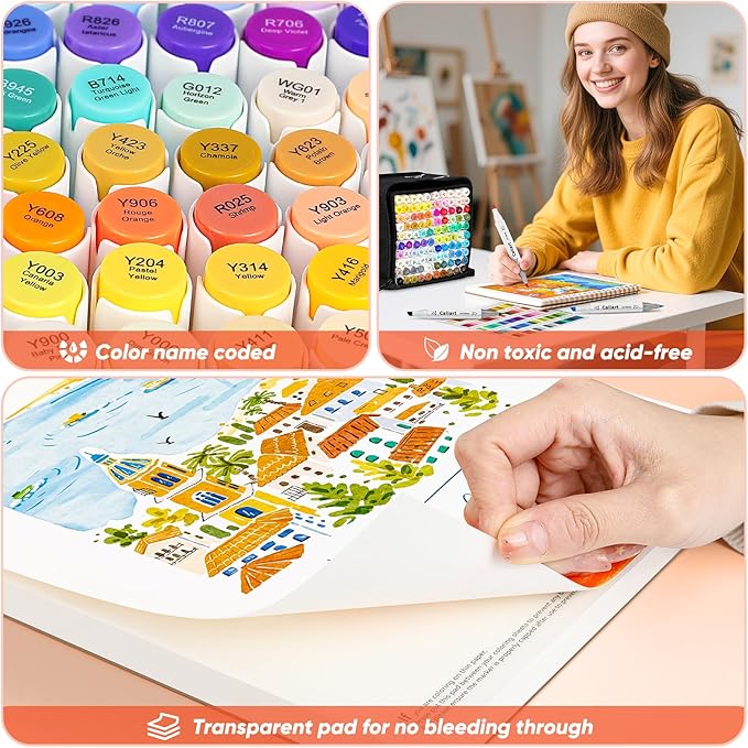 Caliart Markers, 100 Colors Dual Tip Art Markers Sketch Pens Permanent Alcohol Based, with Case for Adults Artists Drawing Illustration Sketching Coloring (White Barrel)