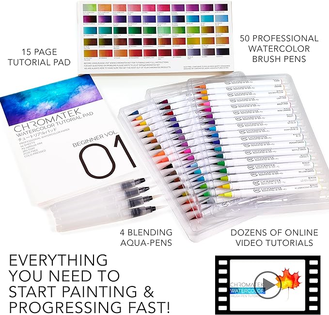 CHROMATEK 54 Watercolor Pens Set | Including 15 Page Pad & Online Video Tutorial Series | 4 Aquapens & 50 Unique Colors | Brush Pens | Easily Blendable, Vivid, Smooth | Professional Art Supplies
