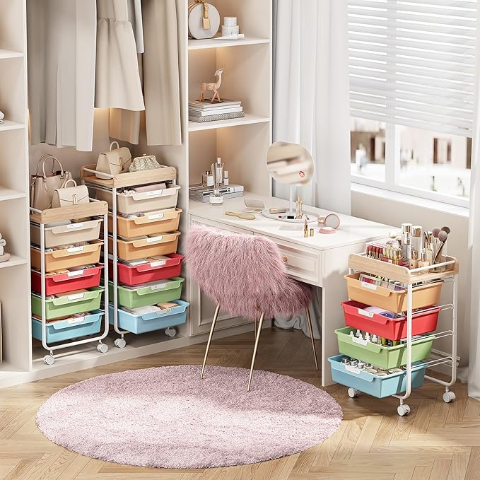 SYKIARIOL Rolling Cart with 6 Drawers,Utility Storage Cart with Drawers,Art Craft Organizers and Storage,Makeup Organizer with Wooden Tabletop,Rainbow