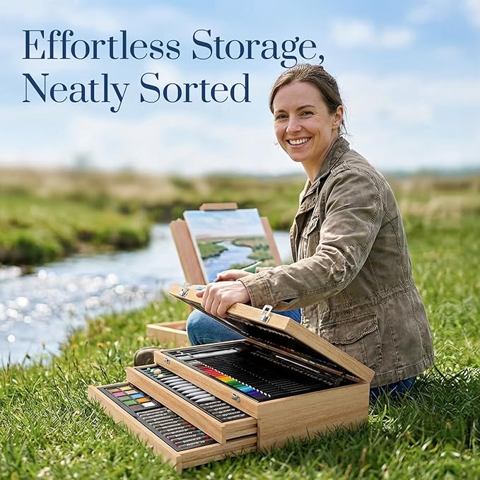 194 Piece Deluxe Art Set, Painting Drawing Art Supplies with 4 Drawing Pads, Acrylic Paints, Crayons, Colored Pencils Set in Wooden Case, Art Kit Gift Box for Kids, Teens, Adults, Artists, Beginners