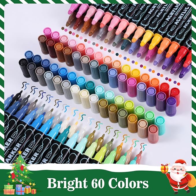 60 Colors Dual Tip Acrylic Paint Markers, Premium Dot & Fine Tip Coloring Paint Pens for Rock, Wood, Fabric, Canvas, Glass, Paper, Ceramic, Scrapbook, Vision Board and DIY Crafts Supplies Art Gifts