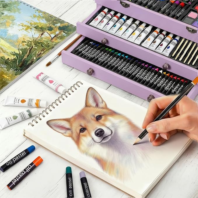 175 Piece Deluxe Art Set with 2 Drawing Pads, Acrylic Paints, Crayons, Colored Pencils, Paint Set in Wooden Case, Professional Art Kit, Art Supplies for Adults, Teens and Artist, Paint Supplies