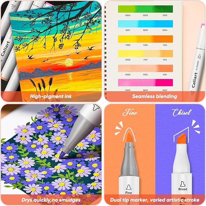 Caliart Markers, 100 Colors Dual Tip Art Markers Sketch Pens Permanent Alcohol Based, with Case for Adults Artists Drawing Illustration Sketching Coloring (White Barrel)