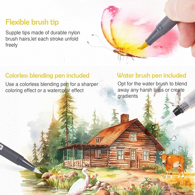 Watercolor Pens Set, 36-Color Dual Tip Professional Watercolor Markers for Adults, Water-Based Coloring Markers with 1 Aquapen, 1 Colorless Blender, 1 Black Marker, and 12-Page Pad, Art Supplies