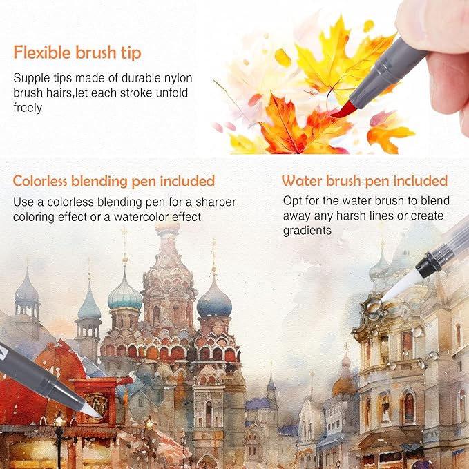 TOSHARE Watercolor Pens Set, 72-Color Dual Tip Professional Watercolor Markers for Adults, Water-Based Art Pens with 1 Aquapen, 3 Colorless Blenders, 2 Black Markers, and 12-Page Pad, Art Supplies