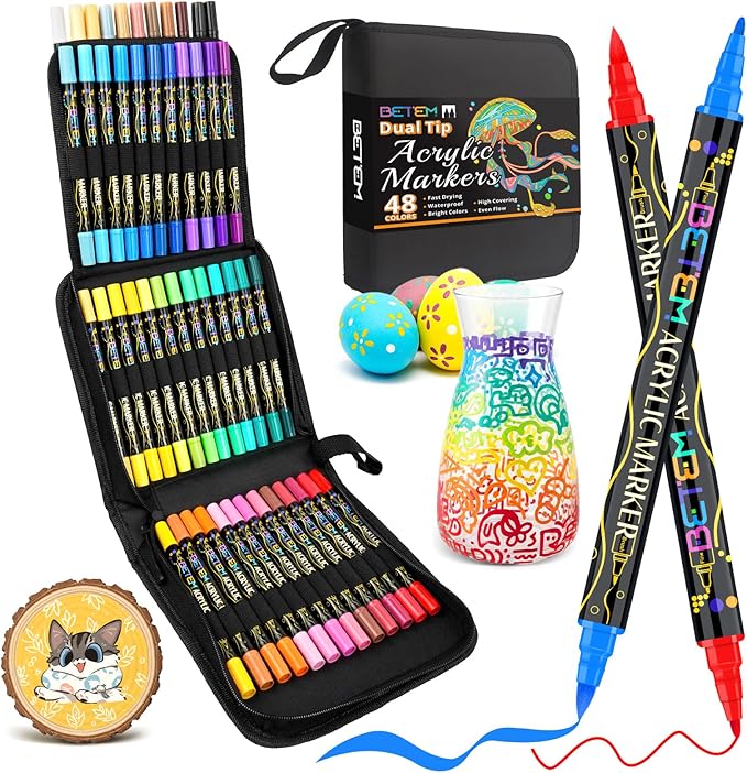Betem Dual Tip Acrylic Paint Pens, 48 Colors Paint Markers for Glass, Window, Fabric, Wood, Rock, Canvas, Acrylic Markers with Fine & Brush Tip, Art & Craft Supplies, Teacher Appreciation Gift