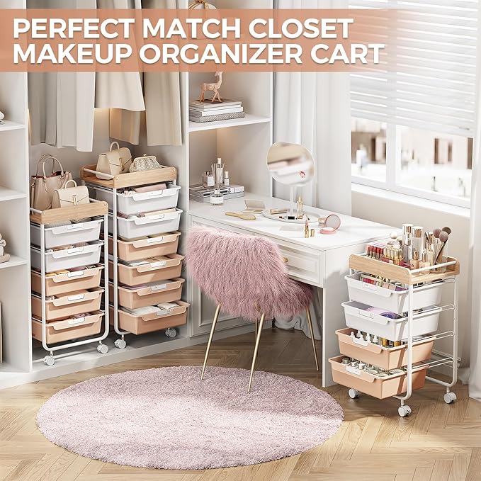 Rolling Storage Utility Cart With 4 Drawers,Kids Craft Art Cart,Makeup Organizer And Storage with Wooden Tabletop,Pearl