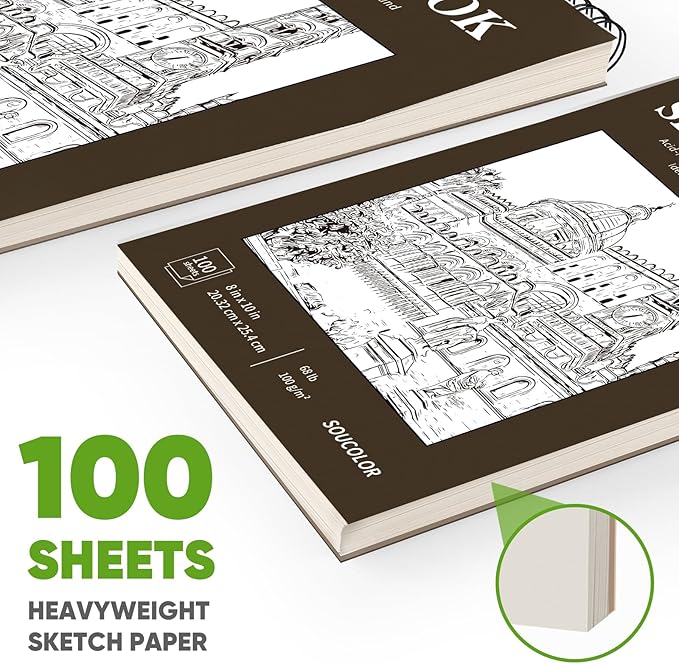 Soucolor 8" x 10" Sketch Book, 100 Sheets 8 x 10 Sketchbook, 68 lb/100gsm 8" x 10" Drawing Paper, Spiral Bound Sketch Pad, Art Paper for Drawing Painting, Art Supplies Gifts