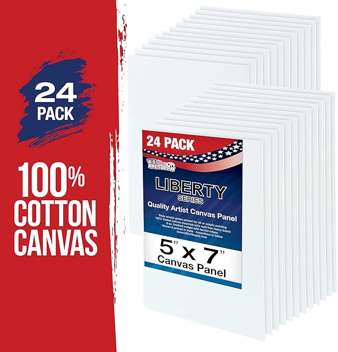 U.S. Art Supply 5 X 7 Inch Art Canvas Board Panels 24 Pack - 8 Ounce Heavyweight Cotton Acid Free Canvases for Painting Acrylics and Watercolor (1 Case of 24 Single Canvas Painting Panels)