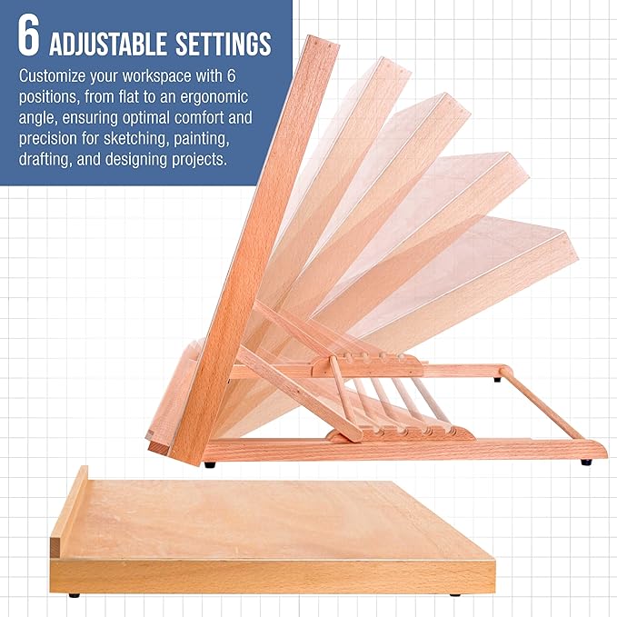 U.S. Art Supply X-Large 25-5/8" x 19" (A2) Wooden Drawing Board, Adjustable Table Top Easel for Painting and Drawing - Drafting Board with 6 Angles, Pencil Ledge, Locking Storage Drawer