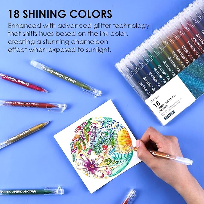 Grabie Jumbo Glitter Gel Pens Set of 18, Metallic Sparkle Gel Ink Pens, Large Capacity Vibrant Glitter Pens for Coloring Books, Drawing, Journaling, Scrapbooking & DIY Crafts, Smooth Writing Art Pens