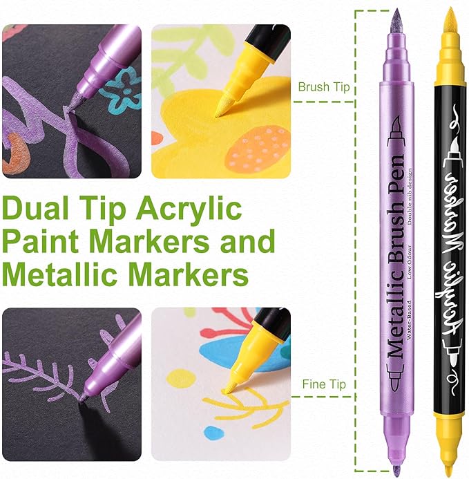 nauets 48 Pack Metallic & Acrylic Paint Markers Set - 24 Colors Acrylic + 24 Metallic Markers, Dual Tip Paint Pens with Brush/Fine Tip for Paper, Rock, Wood, Canvas, Glass, Ceramic DIY Crafts