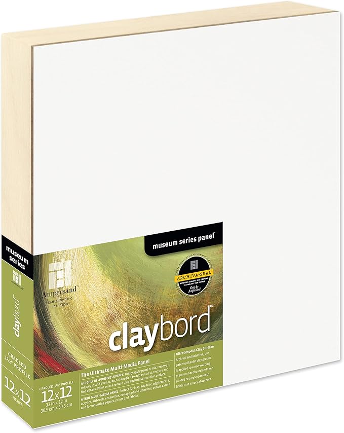 Ampersand Art Supply Claybord | 12" x 12" | 1-1/2" Cradled Profile | Kaolin Clay Painting Panel for Acrylic, Ink, Watercolor & Mixed Media | Canvas & Paper Alternative