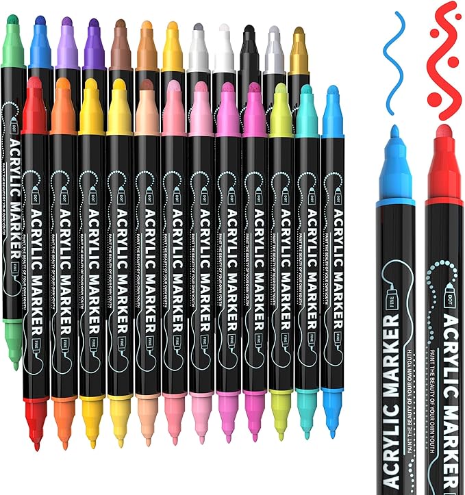 Nauets 24 Colors Dual Tip Acrylic Paint Markers, Premium Dot&Fine Tip Coloring Paint Pens for Rock, Wood, Fabric, Canvas, Glass, Paper, Ceramic, Scrapbook, Egg, DIY Crafts Supplies - Mothers Day Gifts