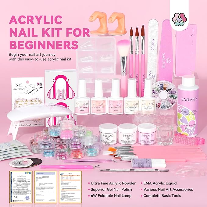 SAVILAND Acrylic Nail Kit with Everything: Professional Nails Kit Set for Beginner Acrylic Powder & Liquid Gel Polish Kit U V Light Full Nail Supplies Essential Tools DIY Home Salon Christmas Gift