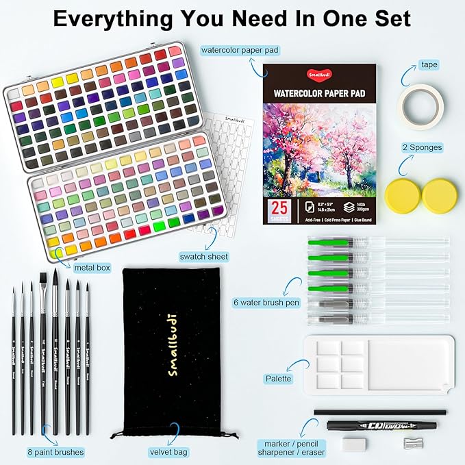 Smallbudi Watercolor Paint Set 168 Colors Including Metallic, Watercolor Kit with Case, Watercolor Paper, Paint Brushes, Palette and Accessories, Water Color Art Supplies Gift for Adults Kids Artists