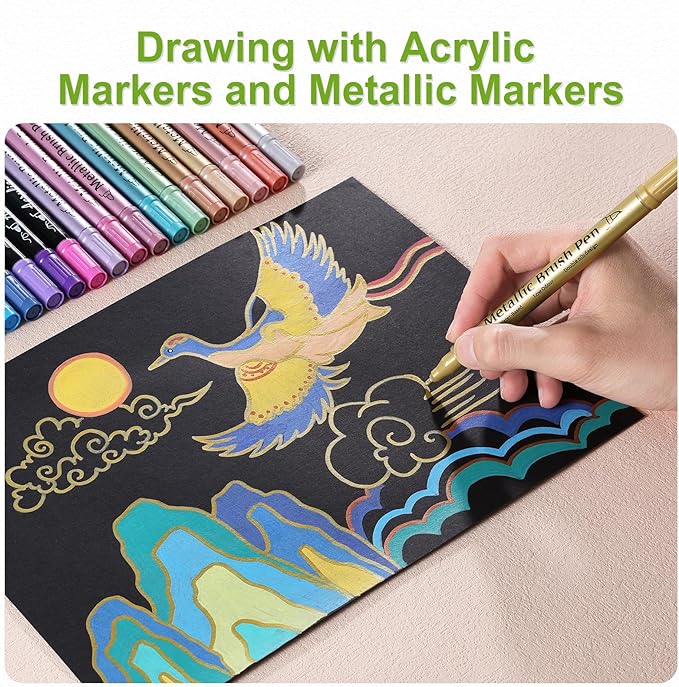 nauets 48 Pack Metallic & Acrylic Paint Markers Set - 24 Colors Acrylic + 24 Metallic Markers, Dual Tip Paint Pens with Brush/Fine Tip for Paper, Rock, Wood, Canvas, Glass, Ceramic DIY Crafts