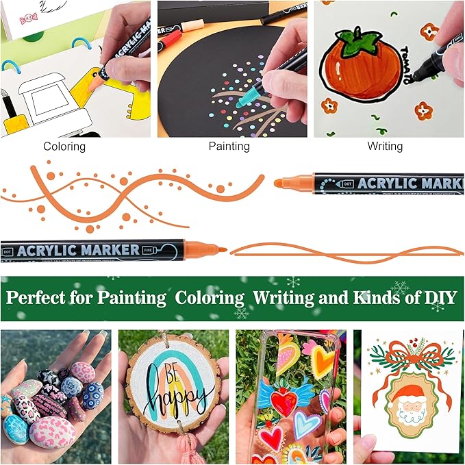 60 Colors Dual Tip Acrylic Paint Markers, Premium Dot & Fine Tip Coloring Paint Pens for Rock, Wood, Fabric, Canvas, Glass, Paper, Ceramic, Scrapbook, Vision Board and DIY Crafts Supplies Art Gifts