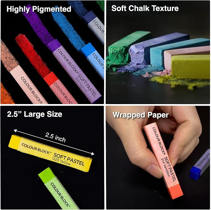 COLOUR BLOCK Soft Pastels for Artists - 100 Colors Square Chalk Pastels Set in Wooden Box - Vibrant Pigments Art Kit for Painting, Drawing, Sketching, Hobbyists.