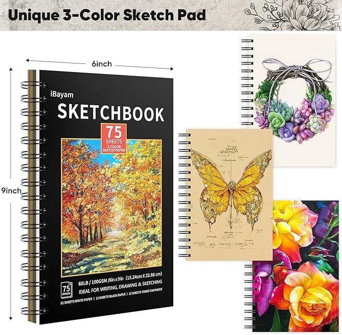 iBayam 78-Pack Drawing Set Sketching Kit Art Supplies for Adult, Christmas Gifts for Adult, with 3-Color Sketchbook, Coloring Book, Colored, Graphite, Charcoal, Watercolor & Metallic Pencil