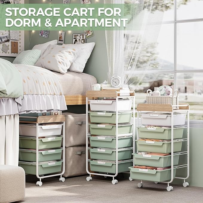 SYKIARIOL Rolling Storage Utility Cart with 4 Drawers,Kids Craft Art Cart,Makeup Organizer and Storage with Wooden Tabletop,Green