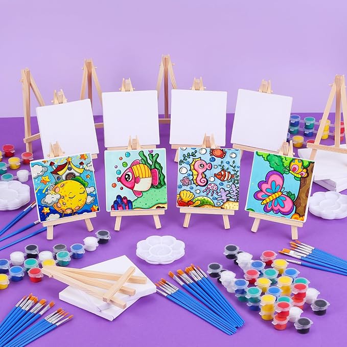 ESRICH 30 Pack Mini Acrylic Paint Kit,Canvas Painting Kit,4in Stretched Canva with 6in Easel,Acrylic Paint Strips,Palettes,Painting Brushes,Canva and Easel Set for Kids Artists Beginner,Gift