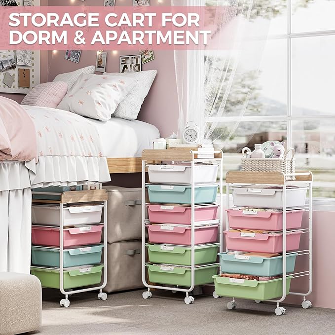 SYKIARIOL Rolling Storage Utility Cart with 4 Drawers,Kids Craft Art Cart,Makeup Organizer and Storage with Wooden Tabletop,Colorful