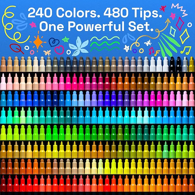 ARTISTRO 240 Precision Dual-Tip Acrylic Paint Markers – Paint Pens Set with Dot & Fine Tips for Fabric, Rock, Glass, Wood, Coloring Books – Classroom & Art Supplies Gift – Teacher Appreciation Gift