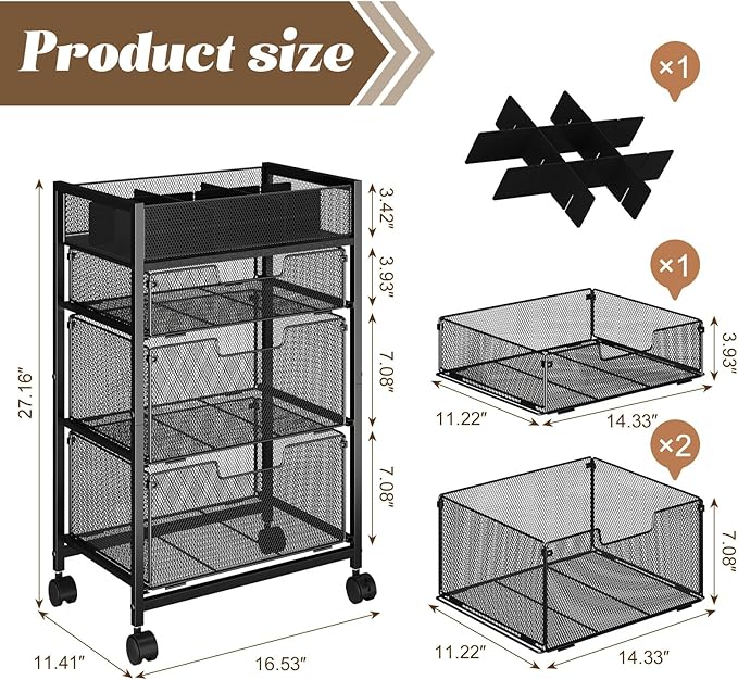 4-Tier Rolling Utility Cart with 3 Drawers, Craft Organizer and Storage with DIY Divider, Art-Craft Supplies with Caster Wheels, Multi-Functional Storage for Classroom, Office, Paints, Artifacts