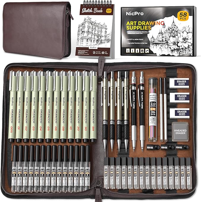 Nicpro 58 PCS Art Drawing Supplies Kit in Leather Case, Art Mechanical Pencil Set with Metal Drafting Pencil 0.3 & 0.5 & 0.7 & 0.9 & 2mm, 12 Micron Pen, Sketch Book, 30 Tube Lead Refills for Sketching