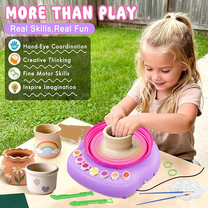 Pottery Wheel for Kids Complete DIY Pottery Painting Kit, Arts and Crafts for Kids Ages 8-12 with 3 Air-Dry Clay Packs and Tools, Art Supplies Toys Birthday Easter Gift for Boys Girls 6+ Years Old