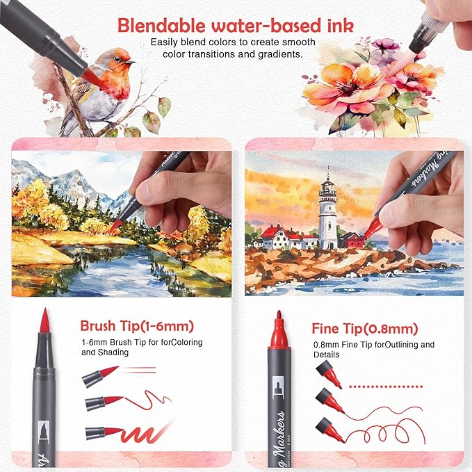 TOSHARE 24 Colors Blendable Watercolor Markers for Adults 2026 Professional Double Tip Paint Pens with 1 Water Brush Pen Water Based Coloring Pens Drawing Markers Set with Flexible Brush Tip