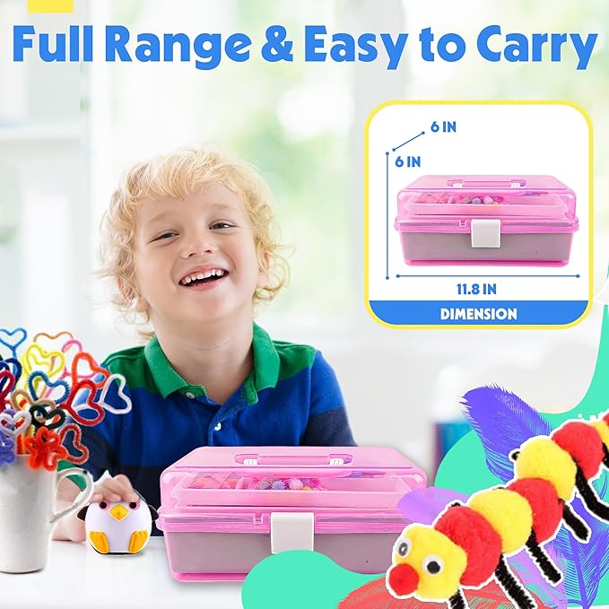 SMILESSKIDDO Arts Craft Supplies for Kids - 1100+ PCS Toddler DIY Craft Art Supply Set, Portable 3 Layered Folding Storage Box School Craft Projects - Gifts for Girls Ages 4-8, 8-12, Pink