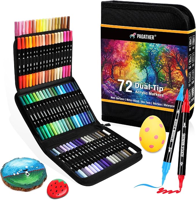 Pagather 72 Colors Acrylic Paint Markers, Dual Tip with Fine Tip and Brush Tip Pens for Stone, Wood, Calligraphy, Canvas, Ceramic, Metal, Glass, Rock Painting, DIY Crafts Art Supplies Kit