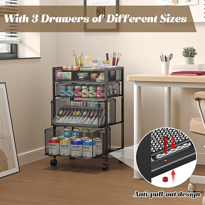 4-Tier Rolling Utility Cart with 3 Drawers, Craft Organizer and Storage with DIY Divider, Art-Craft Supplies with Caster Wheels, Multi-Functional Storage for Classroom, Office, Paints, Artifacts