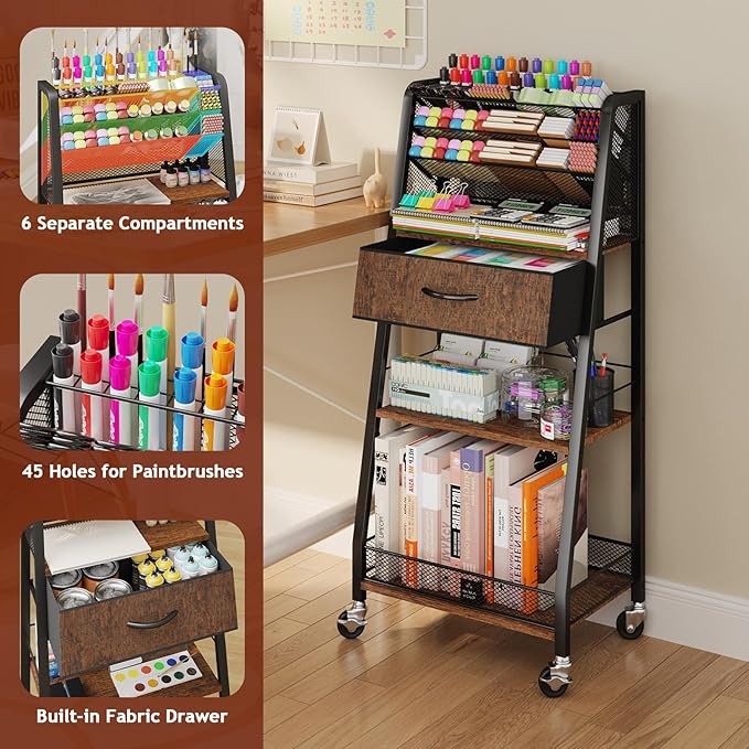 Homsorout 3 Tier Rolling Cart - Metal Utility Cart with Storage Drawer and Wheels, Versatile Art & Craft Organizer for Home, Office, or Studio - Ideal for Storing Brushes, Paints, and Supplies