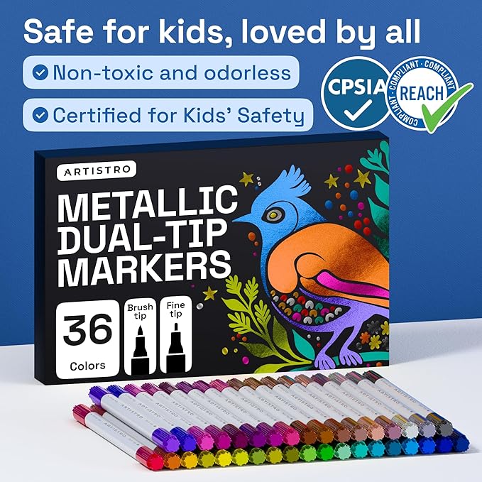 ARTISTRO 36 Metallic Precision Dual-Tip Acrylic Paint Markers – Paint Pens Set with Dot & Fine Tips for Fabric, Rock, Glass, Wood, Coloring Books – Classroom & Art Supplies Teacher Appreciation Gift