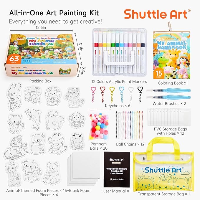 Shuttle Art 63 Pcs Magic Foam Texture Painting Kit – Animal Series: 15 Animal Foam Pieces, Coloring Book with 15 Scenes, 12 Acrylic Paint Markers, Magical 3D Effect DIY Art Craft