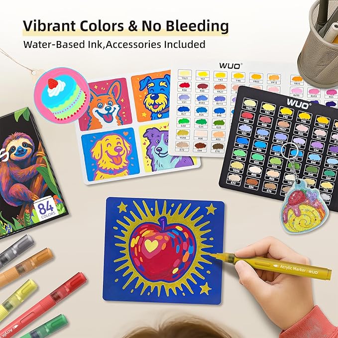 WUO 84 Colors Acrylic Paint Markers, High Opacity Automatic Ink Control Brush Tip Pens, Water-Based No-Bleed Markers for Rock, Canvas, Wood, Glass, Ceramic, and DIY Art Supplies