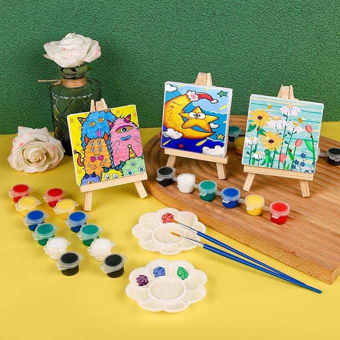 ESRICH 6 Set Mini Acrylic Paint Kit, Minis Stretched Canvas with Easel, Acrylic Paint Strips, Paint Palettes, Painting Brushes, Mini Canvas and Easel Set for Kids Artists Beginner, Gift