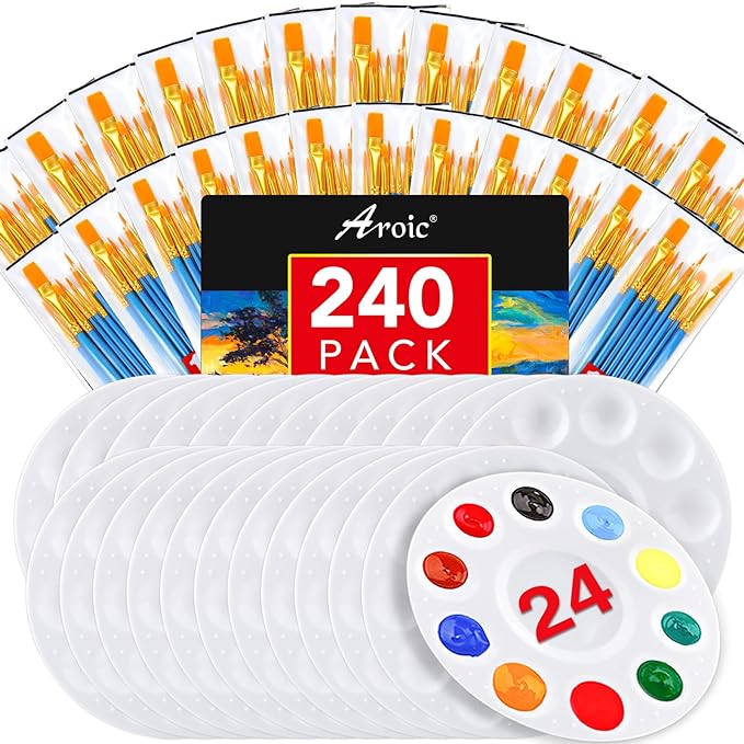 AROIC Paint Brushes Palette Set,24 Pack/240Pcs Acrylic Paint Brushes and 24 Palettes, Professional Artist Brushes, Finger and Face Painting Oil Painting Watercolor Kid's and Adult Painting Art Set.