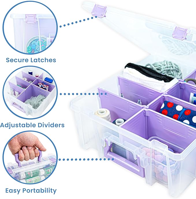 ArtBin Super Satchel Double Deep Compartment Box with Purple Accents in a 3 Pack - Art Storage with 8 Removable Compartments, Smart Closure for Craft Supplies (Purple - Pack of 3)