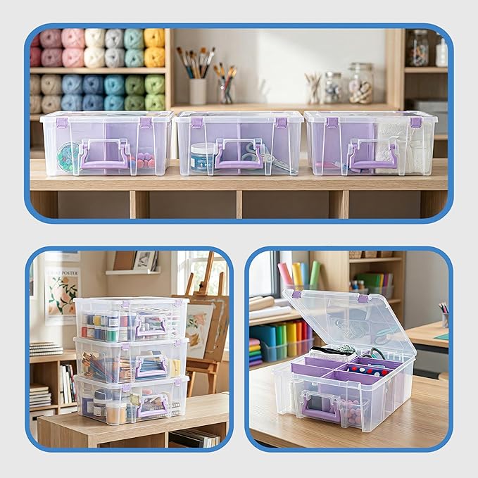 ArtBin Super Satchel Double Deep Compartment Box with Purple Accents in a 3 Pack - Art Storage with 8 Removable Compartments, Smart Closure for Craft Supplies (Purple - Pack of 3)