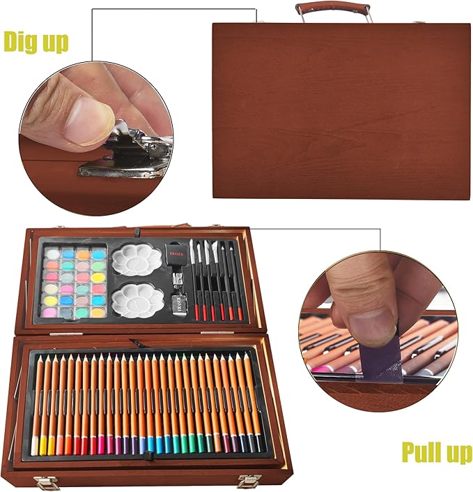 KINSPORY Art Sets, 139 Pack Painting Drawing Art Supplies Kit with 2 Sketch Pads, Deluxe Double Layers Crafts, Colored Pencils, Oil Pastels, Watercolor Paints, Gift for Artists Kids (Brown)