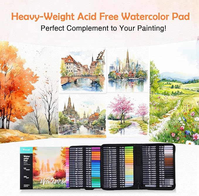 TOSHARE Watercolor Pens Set, 72-Color Dual Tip Professional Watercolor Markers for Adults, Water-Based Art Pens with 1 Aquapen, 3 Colorless Blenders, 2 Black Markers, and 12-Page Pad, Art Supplies