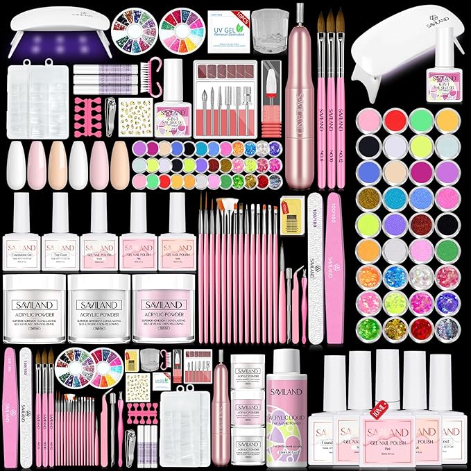 SAVILAND Acrylic Nail Kit with Drill: Professional Nails Kit Acrylic Set with Everything U V Light Nail Art Brush Glitter Powder Nail Stuff for Home DIY Salon Use Christmas Gift Set