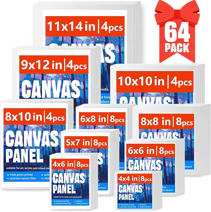 Canvas for Painting, 64 Pack Multi-Size Painting Canvas Board Art Supplies for Adult, Kid&Artist, 4x4 4x6 5x7 6x6 6x8 8x8 8x10 10x10 9x12 11x14 Primed Canvases for Acrylic, Oil, Watercolor