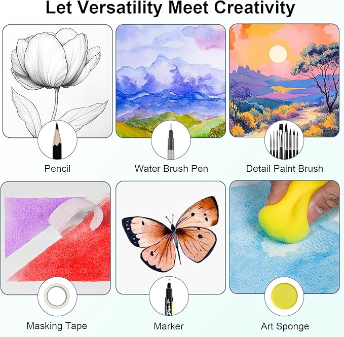 Smallbudi Watercolor Paint Set 168 Colors Including Metallic, Watercolor Kit with Case, Watercolor Paper, Paint Brushes, Palette and Accessories, Water Color Art Supplies Gift for Adults Kids Artists