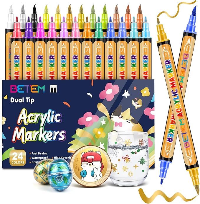 Betem Dual Tip Acrylic Paint Pens, 24 Metallic Paint Markers for Glass, Window, Fabric, Wood, Rock, Canvas, Acrylic Markers with Fine & Brush Tip, Art & Craft Supplies, Teacher Appreciation Gift
